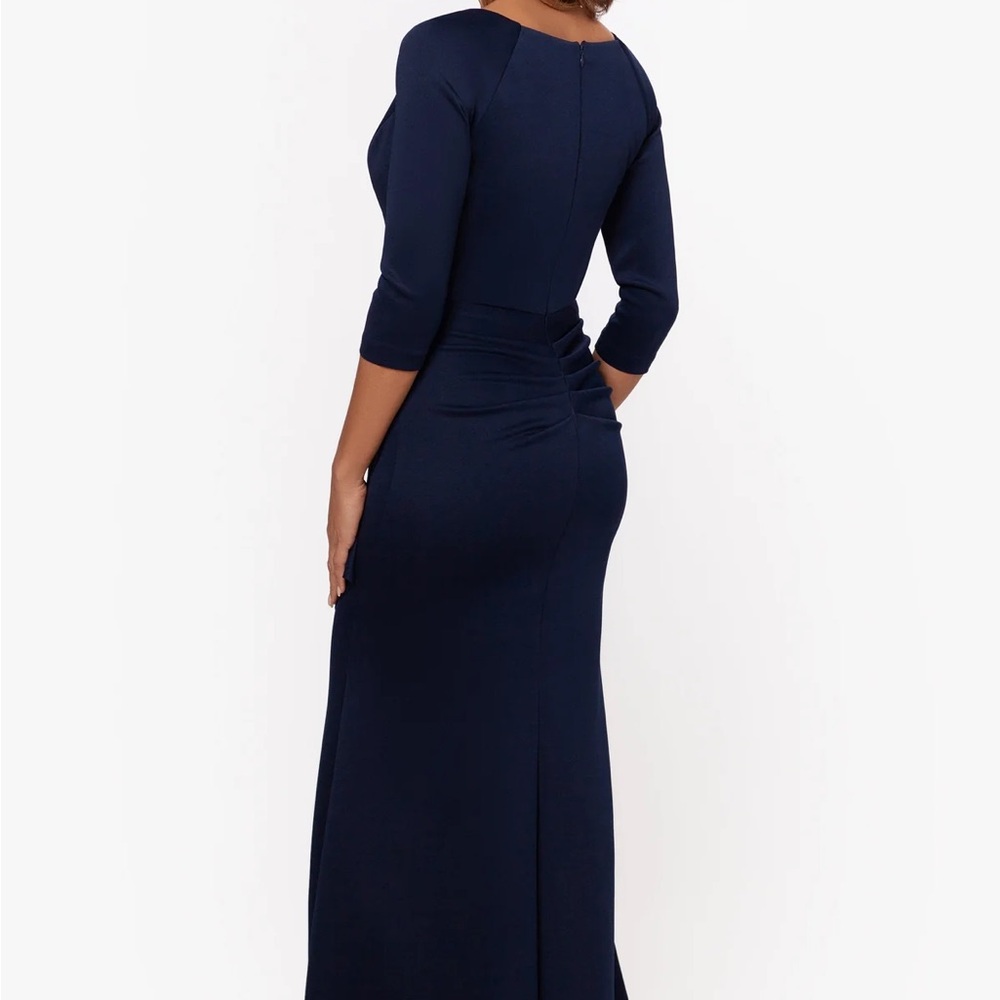 Xscape Navy Blue Long Sleeve Ruffle Evening Gown - Picture 2 of 9